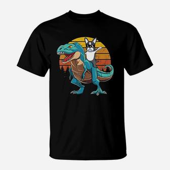 Boston Terrier Dog Riding Dinosaur T Rex Boys T-Shirt | Crazezy AU