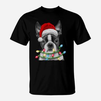 Boston Terrier Santa Christmas Tree Lights Xmas Gifts Boys T-Shirt | Crazezy DE
