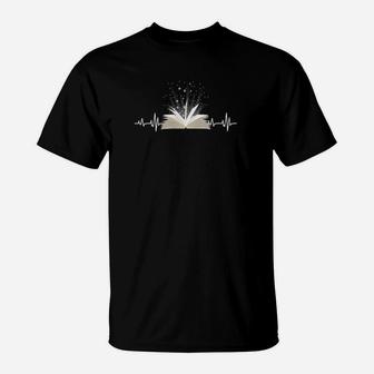 Bücherherz Pulslinien-Design Schwarzes T-Shirt für Buchliebhaber - Seseable