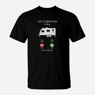 Camping-Herren-T-Shirt Schwarzes mit My Caravan is Calling Aufdruck - Seseable