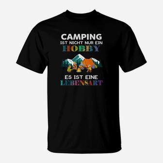 Camping-Lebensart T-Shirt, Schwarzes mit Zeltdruck & Spruch - Seseable