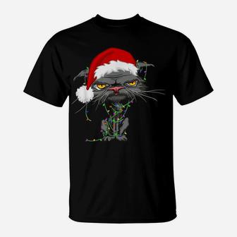 Cat Christmas Lights Grumpy Bored Cat Santa Hat Funny Catmas T-Shirt | Crazezy