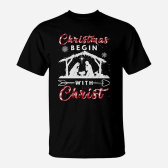 Christmas Begin With Christ Red Plaid Christian Costume Sweatshirt T-Shirt | Crazezy