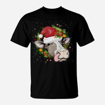 Christmas Cow Head Wreath Cow Wearing Santa Hat Funny Sweatshirt T-Shirt | Crazezy CA