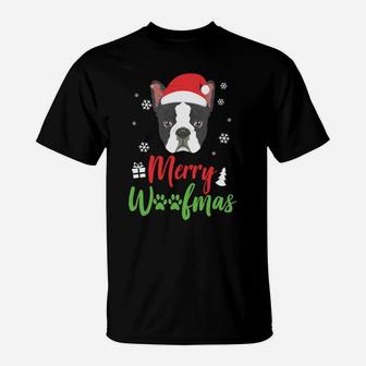 Christmas Dog Boston Terrier Merry Woofmas Gift Sweatshirt T-Shirt | Crazezy