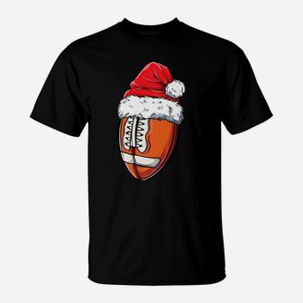 Christmas Football Ball Santa Hat Funny Sport Xmas Boys Kids T-Shirt | Crazezy