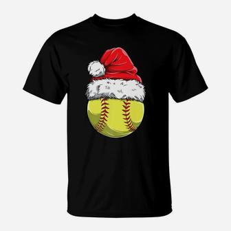 Christmas Softball Ball Santa Hat Funny Sport Xmas Girls T-Shirt | Crazezy