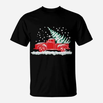 Christmas Tree In Back Of Old Red Pick Up Truck Snowing T-Shirt | Crazezy