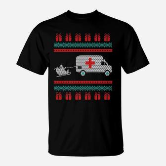 Christmas Ugly Sweater Ambulance Emergency Emt Santa Design T-Shirt | Crazezy