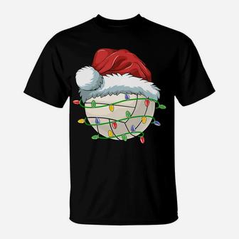 Christmas Volleyball Ball Santa Hat Light Funny Sport Xmas Sweatshirt T-Shirt | Crazezy