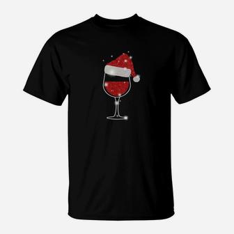 Christmas Wine Sweatshirt Glass Of Red Wine Santa Hat T-Shirt | Crazezy