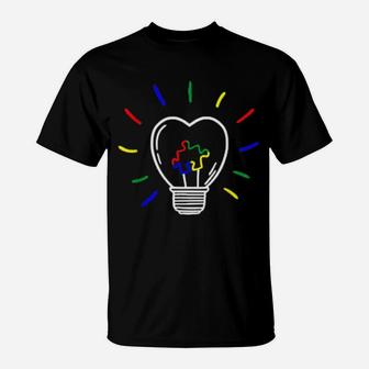 Colorful Light Bulb Puzzle Piece Autism Awareness Autism T-Shirt - Monsterry