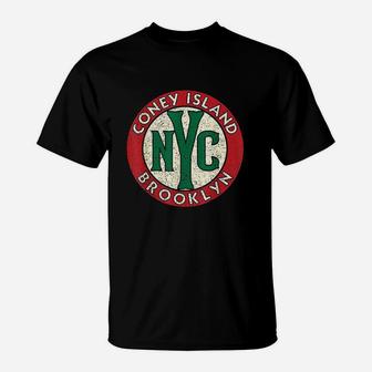 Coney Island Brooklyn Nyc Vintage Road Sign Distressed Print T-Shirt | Crazezy UK