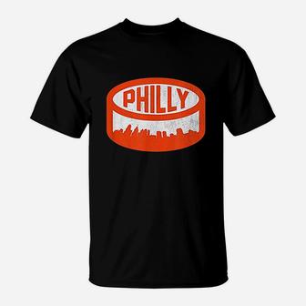 Cool Philadelphia Hockey Puck City Skyline T-Shirt - Thegiftio