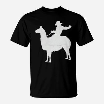 Cowboy Riding A Llama Distressed T-Shirt - Monsterry