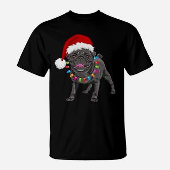 Cute Black Pug Christmas Tree Lights Santa Dog Xmas Funny T-Shirt | Crazezy AU