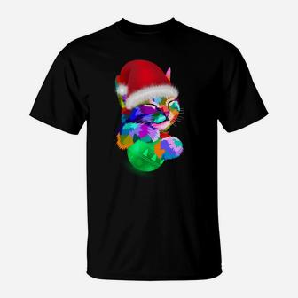 Cute Cat Colorful Funny Santa Hat Christmas Ball Costume Sweatshirt T-Shirt | Crazezy DE