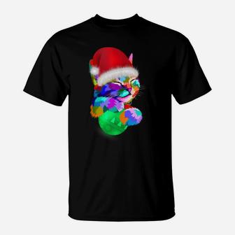 Cute Cat Colorful Funny Santa Hat Christmas Ball Costume T-Shirt | Crazezy UK