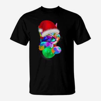 Cute Cat Colorful Funny Santa Hat Christmas Ball Costume T-Shirt | Crazezy CA