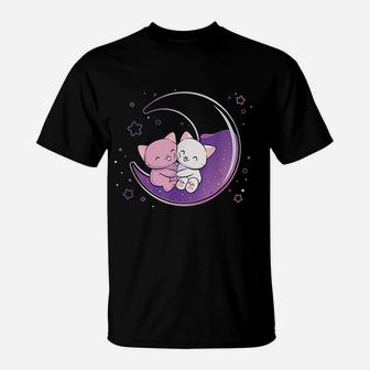 Cute Cats On Purple Moon Kawaii T-Shirt | Crazezy