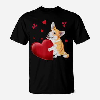 Cute Corgi Valentines Day Holding Heart Couple Matching T-Shirt - Monsterry