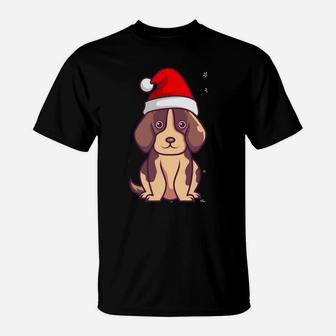 Cute Dog With Christmas Hat And Snowflakes Merry Xmas Dogs T-Shirt | Crazezy