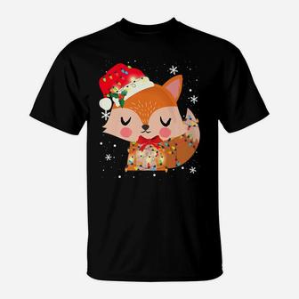 Cute Fox Christmas Light Xmas Mom Dad Gifts T-Shirt | Crazezy