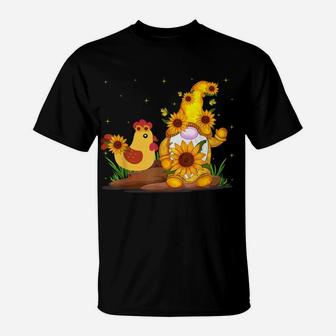 Cute Gnome And Chicken Sunflower Funny Gnome Chicken Farmer T-Shirt | Crazezy AU