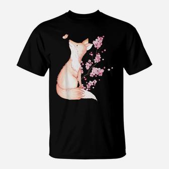 Cute Kawaii Japanese Fox Cherry Blossom Flower Sakura Trees T-Shirt | Crazezy DE