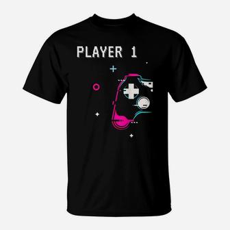 Cute Player 1 Player 2 Matching Couple Tshirt Gamer T-Shirt | Crazezy