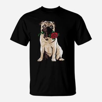 Cute Pug Holding Red Rose Valentines Day Pugs T-Shirt - Monsterry UK
