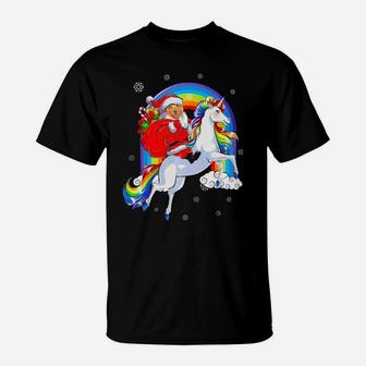 Cute Santa Golden Retriever Riding Unicorn Funny Xmas Gift T-Shirt - Monsterry