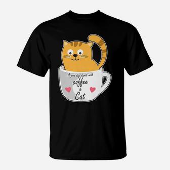 Cute Smiling Coffee Cat Funny Caffeine Lovers T-Shirt | Crazezy AU