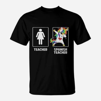 Cute Spanish Teacher Unicorn Dabbing Funny School Team Gifts T-Shirt | Crazezy