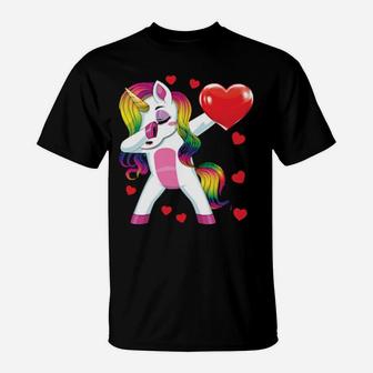 Dabbing Unicorn Heart Valentines Day Girls T-Shirt - Monsterry