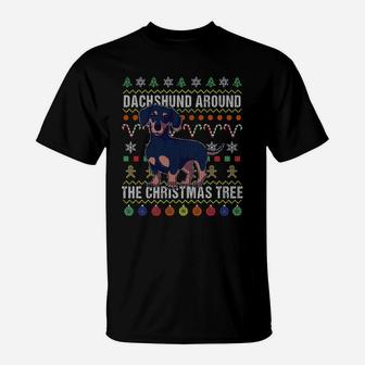 Dachshund Around The Christmas Tree Ugly Xmas Sweatshirt T-Shirt | Crazezy