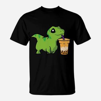 Dinosaur Drinking Bubble Tea Funny Boba Tea T-Shirt | Crazezy
