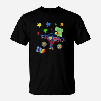 Dinosaur Monster Truck Autism Awareness Puzzle T-Shirt - Monsterry