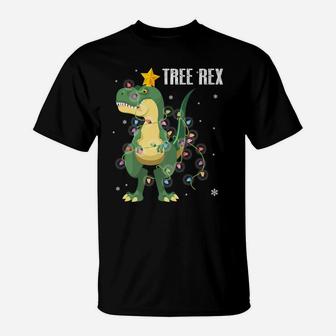 Dinosaur With Christmas Lights Dancing Snow Tree Xmas Rex T-Shirt | Crazezy