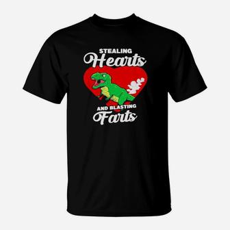 Dinosaurs Stealing Hearts And Blasting Farts Valentines Day T-Shirt - Monsterry