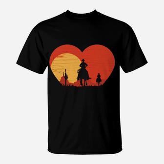 Distressed Heart Shape Cowboy Riding Horse Sunset Mountains T-Shirt - Monsterry