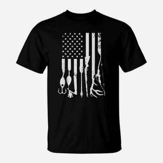 Distressed Hunting And Fishing Gear Flag America Us T-Shirt | Crazezy