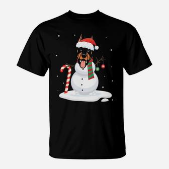 Doberman Snowman Dog With Noel Costume Dancing On Snow Merry T-Shirt - Monsterry UK