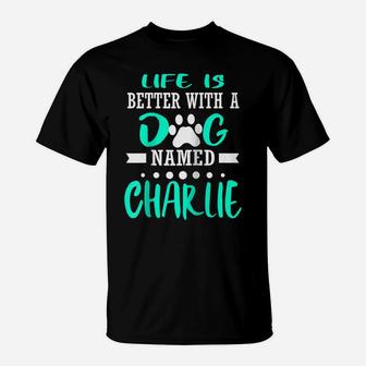 Dog Named Charlie Funny Dog Owner Mom Dad Christmas Gift Raglan Baseball Tee T-Shirt | Crazezy