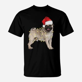 Dog Pug Santa Hat Christmas Lights Dog Lovers T-Shirt | Crazezy