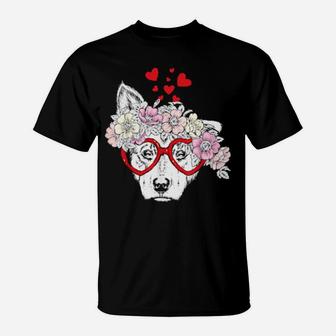 Dog Puppy Sunglasses Flowers Heart Cute Dog Valentine Gift T-Shirt - Monsterry