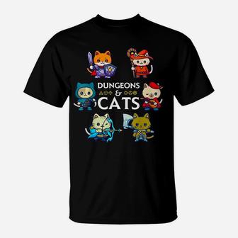 Dungeons And Cats Rpg D20 Dice Nerdy Fantasy Gamer Cat Gift T-Shirt | Crazezy