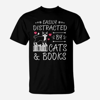 Easily Distracted By Cats Books Women Tee Birthday Christmas T-Shirt | Crazezy