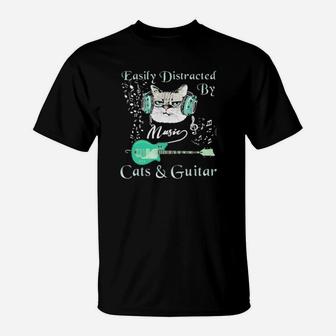 Easily Distracted By Music Cats And Guitar T-Shirt - Monsterry DE
