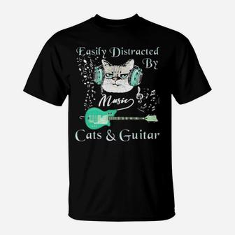 Easily Distracted By Music Cats And Guitar T-Shirt - Monsterry